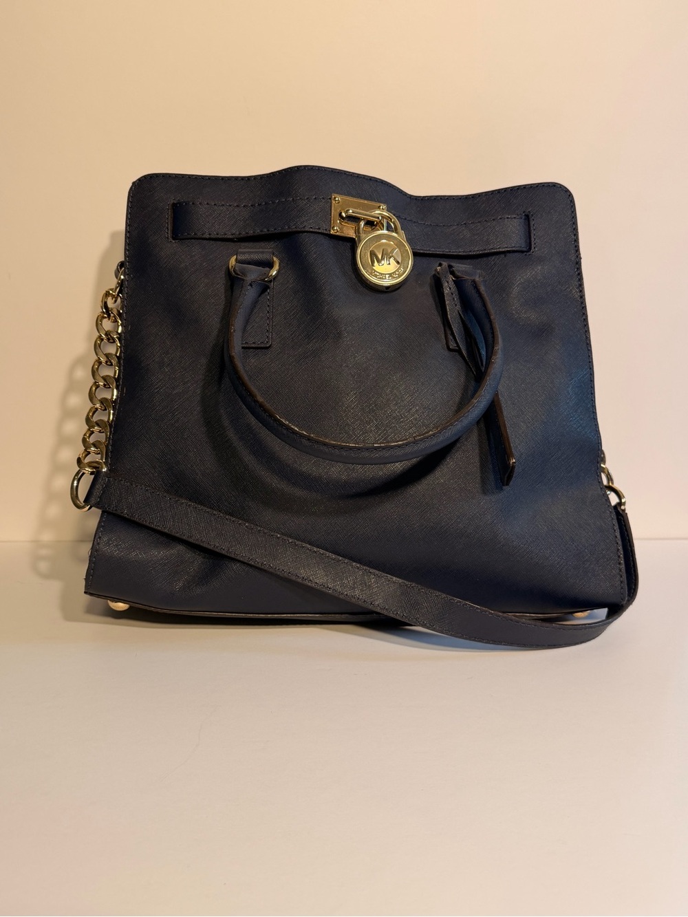 Michael Kors Navy Saffiano Satchel with Gold Accent